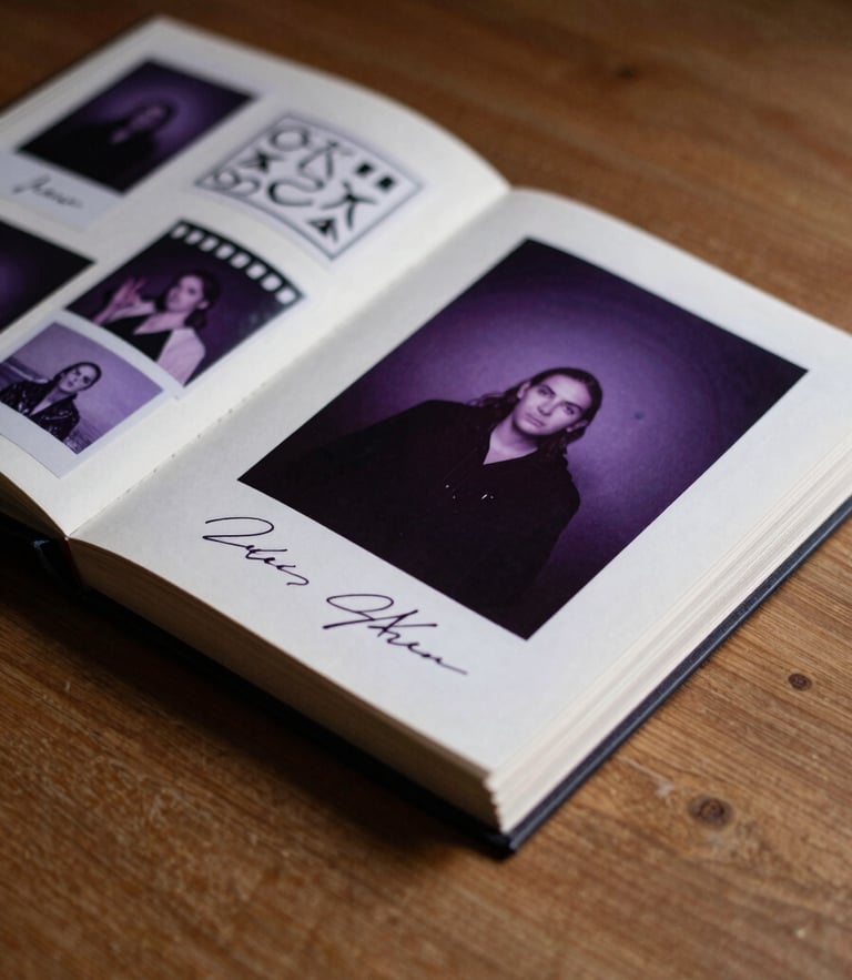 Macro shot of a hand-bound photo album open on a wooden table, showing custom stickers, hand-written signatures, and photo booth strips under warm side-lighting.