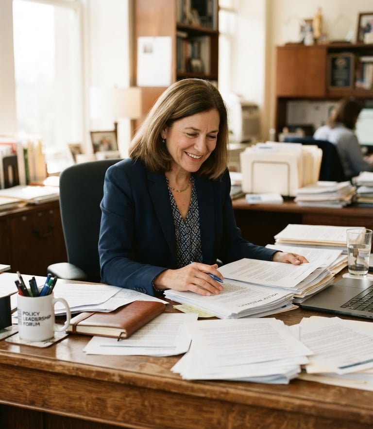 Environmental portrait of Tressa Pankovits at a wooden desk with policy documents, warm natural light from a side window, soft realistic tones, 35mm lens