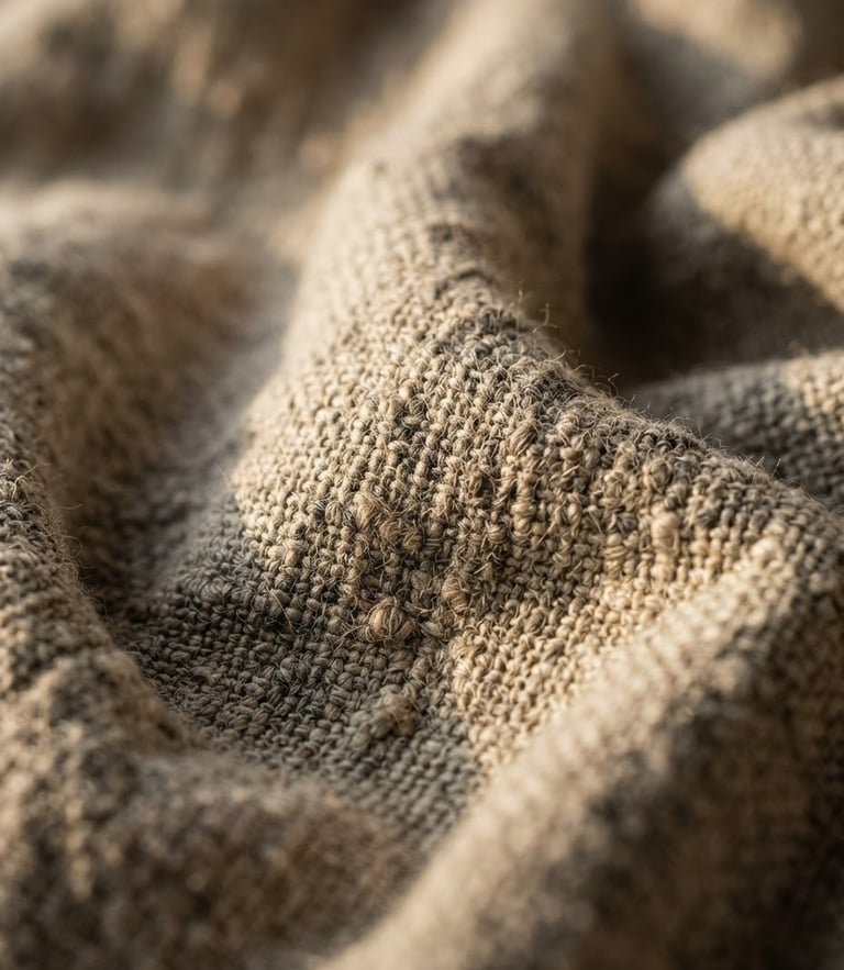 Macro portrait shot of heavy oatmeal-colored linen fabric, showing deep shadows in the raw flax weave under low-angle afternoon window light.
