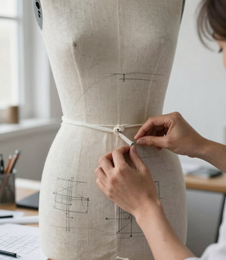 Hands pinning a minimalist charcoal linen pattern onto a dress form in a bright, natural-light studio, technical sketches visible on the work table.