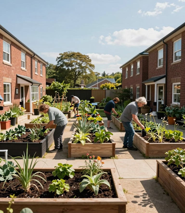 A bright community garden courtyard between brick residential wings, residents tending to raised planter beds under clear afternoon sun.