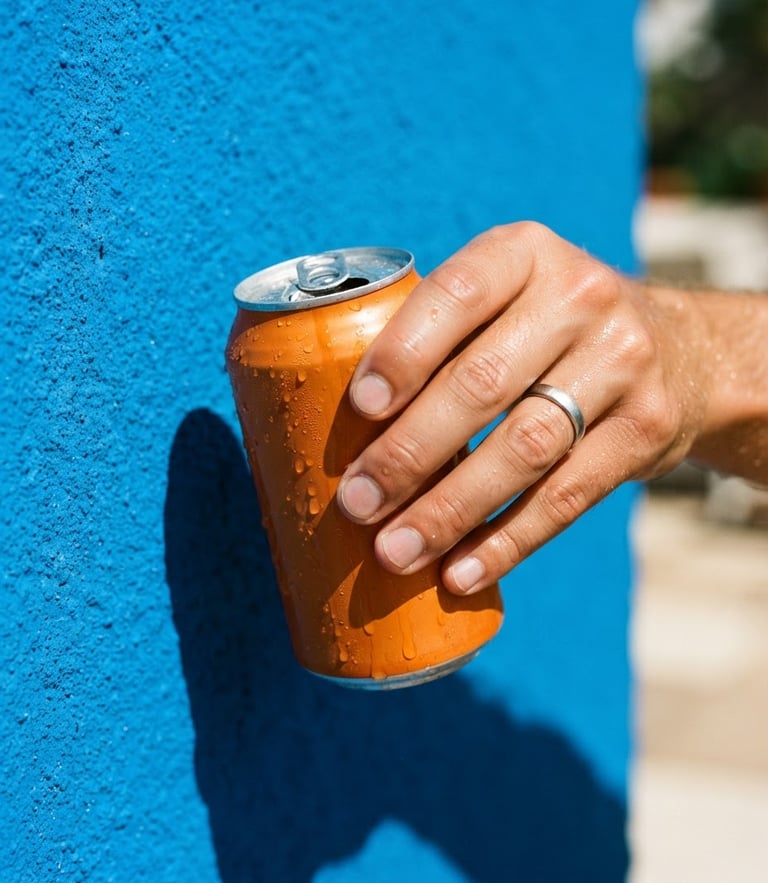 A close-up portrait of a hand lifting a condensation-dripping orange can of Ricky's Hard Soda against a vibrant electric blue wall, direct harsh sunlight, sharp high-contrast shadow, 35mm film aesthetic.