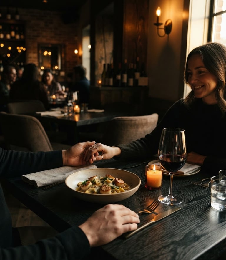 Warm ambient shot of an intimate dining room with low-key dramatic side-lighting, golden-hour tones, elegant dark charcoal tables, and soft shadows.