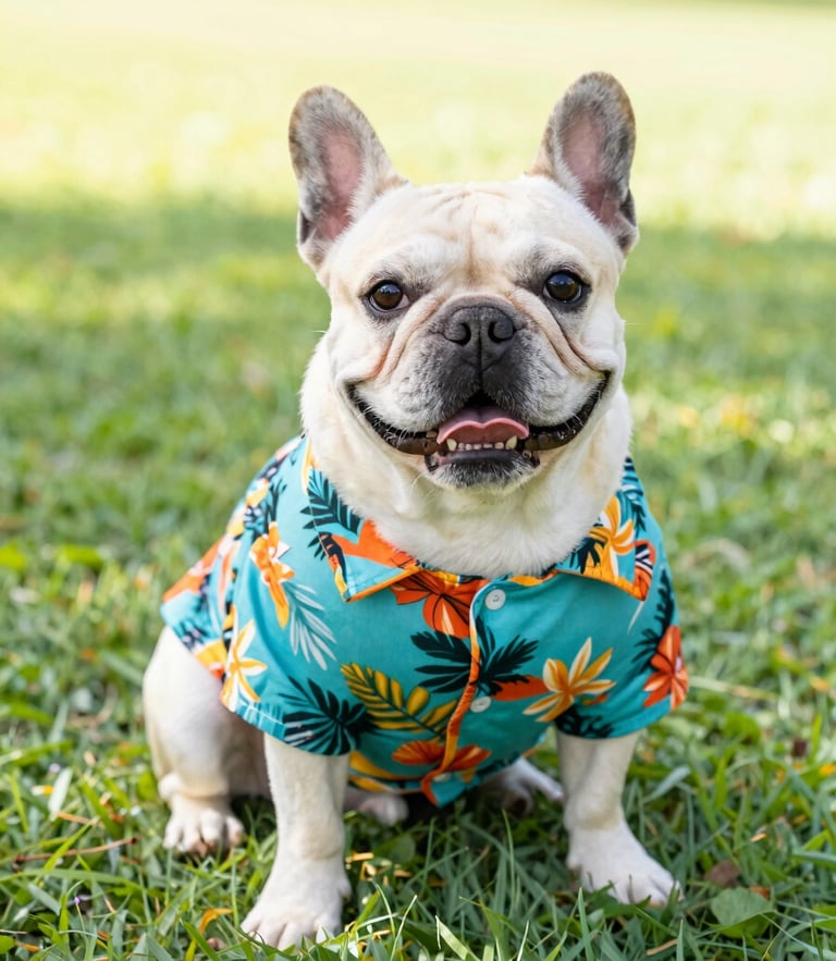 A happy small French Bulldog wearing a colorful tropical print shirt, sitting on a sunny park lawn, bright high-key pet photography, 35mm