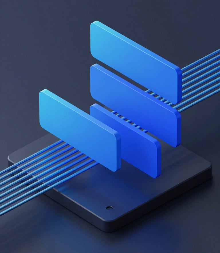 Sleek 3D render of abstract geometric data flows, cool studio lighting, electric blue and dark slate tones, clean isometric perspective