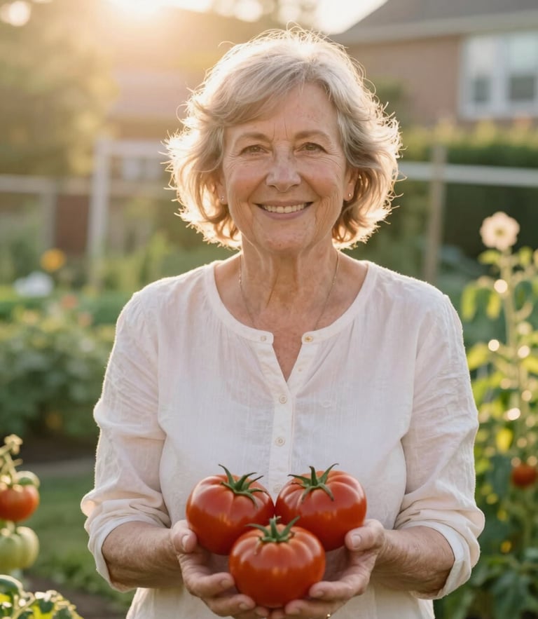 Bright golden-hour portrait of a smiling older woman in a lush Chicago community garden holding fresh tomatoes, warm sun flare, shallow depth of field