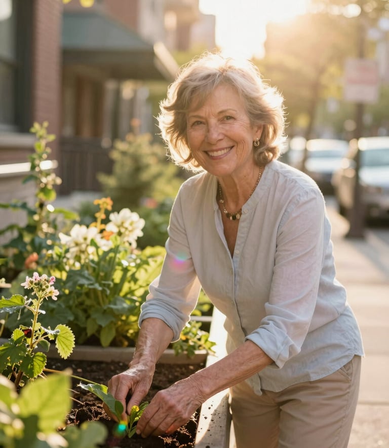 Bright golden-hour portrait of a smiling older woman tending to a lush sidewalk garden in Chicago, warm sunbeams, iridescent lens flare, shallow depth of field