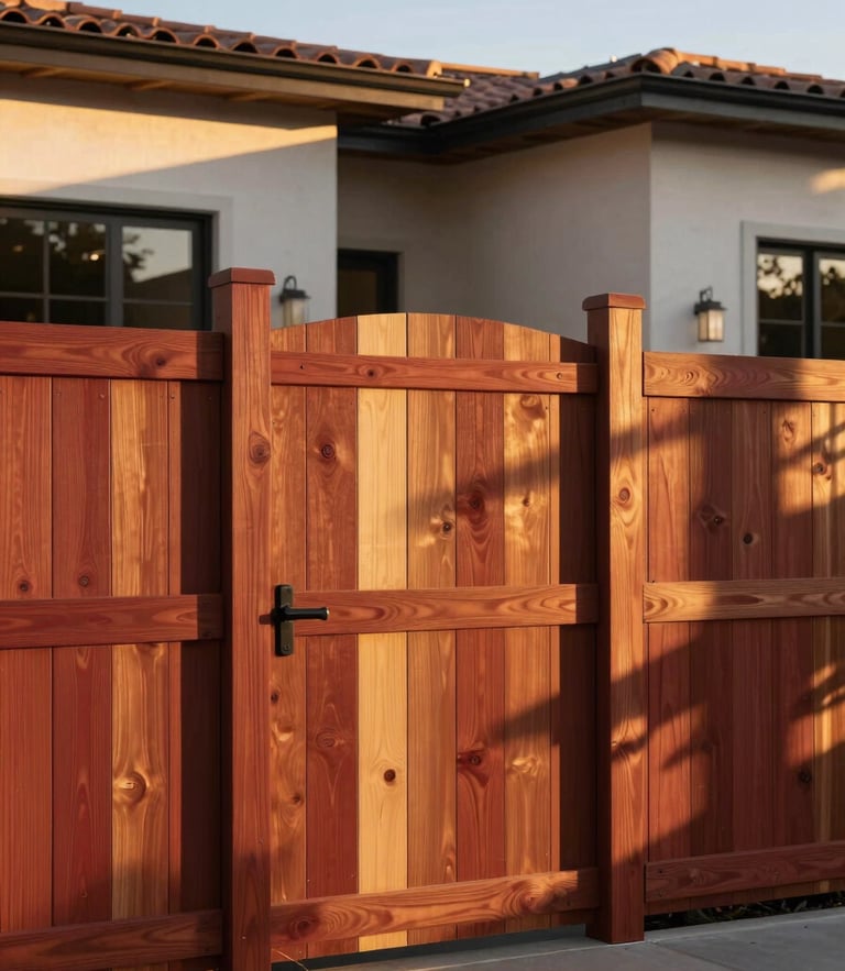 Low-angle architectural shot of a finished custom redwood fence framing a modern Temecula estate, warm golden-hour California sunlight casting long clean shadows