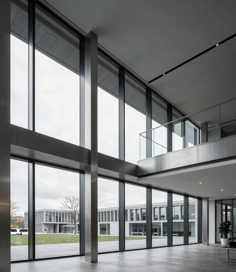Wide architectural view of a modern minimalist corporate office interior in Munich, cool overcast daylight through large glass windows, clean lines, brushed steel details.