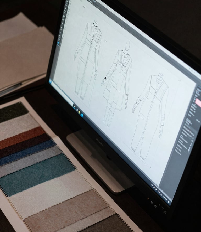 High-contrast technical overhead shot of digital garment pattern drafting on a large monitor, surrounded by fabric swatches under cool studio light.