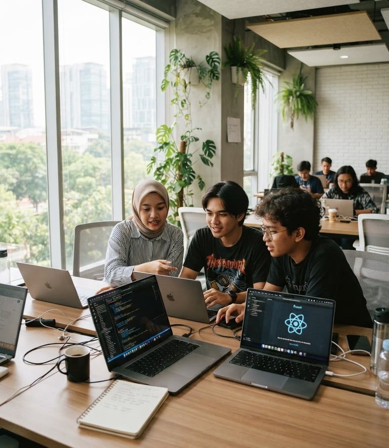 Indonesian youth collaborating in a bright modern tech lab, focused on coding screens, natural morning light, 35mm lens