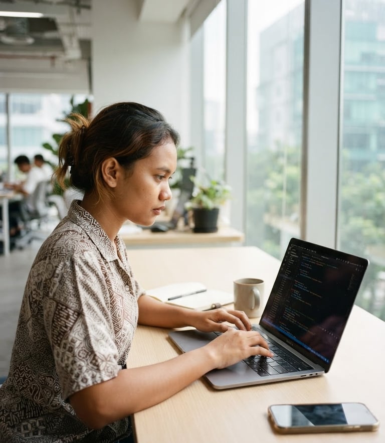 A focused young Indonesian student typing code on a laptop, bright morning light filtering through a window, clean modern tech space, 35mm lens