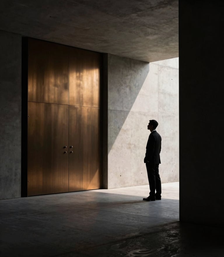 A low-profile executive silhouette standing in a monolithic concrete hallway, high-contrast dramatic shadows, soft golden-hour light catching brushed bronze details, minimalist composition, Hasselblad 50mm