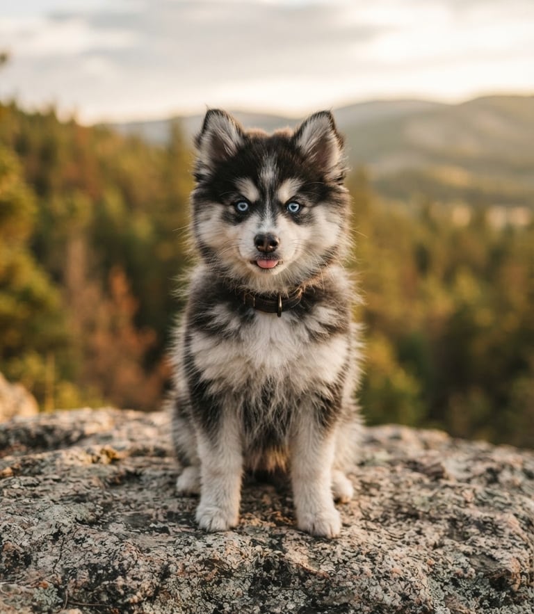 Eye-level portrait of a fluffy Pomsky puppy sitting on a granite ledge in the Alberta foothills, soft overcast natural light, shallow depth of field, 35mm.