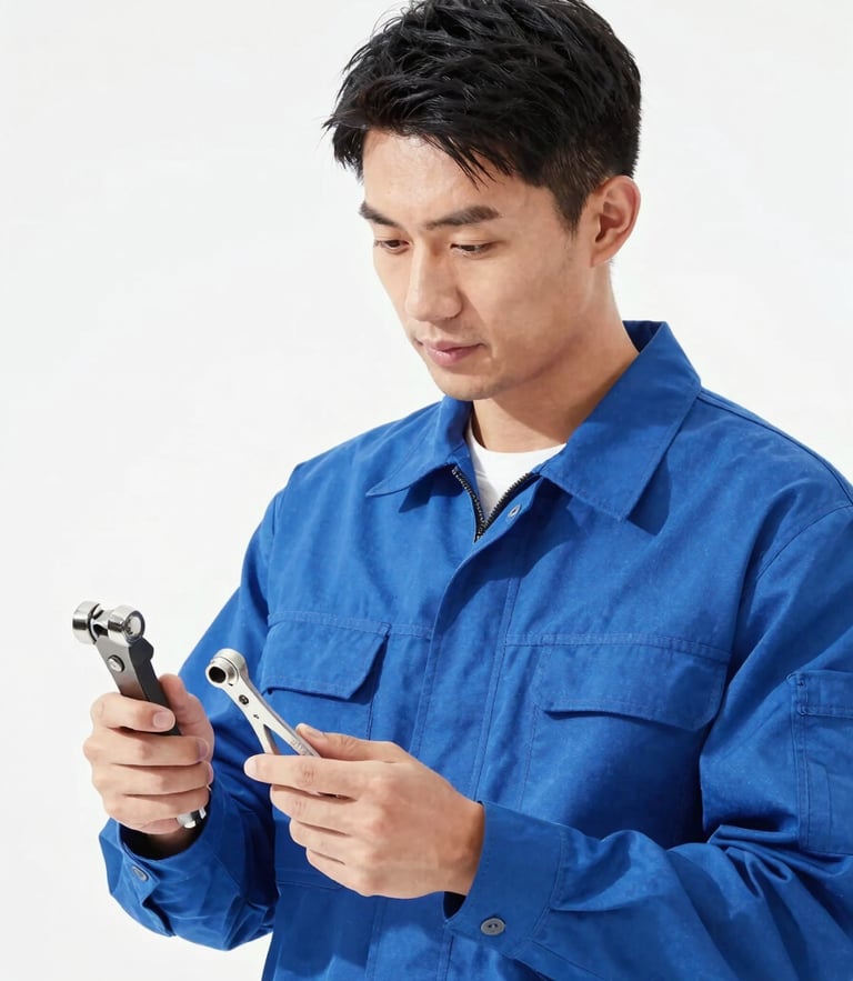 Medium shot of a professional technician in a clean blue uniform holding specialized tools, bright daylight, high-key white background, sharp focus, 35mm