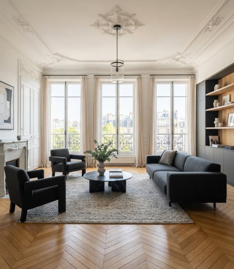 Bright luxury Parisian apartment living room with immaculate herringbone oak parquet flooring, high ceilings with ornate plaster moldings, large windows letting in soft natural daylight, minimalist modern furniture