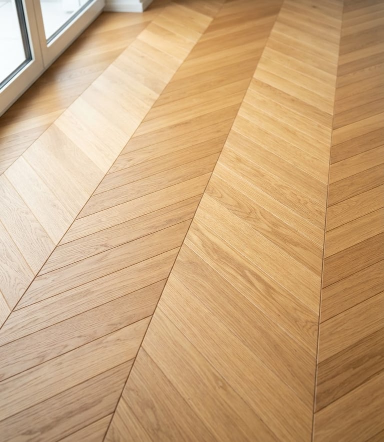Close-up of a perfectly restored oak herringbone parquet floor catching natural morning light, clean lines, pristine finish, architectural detail