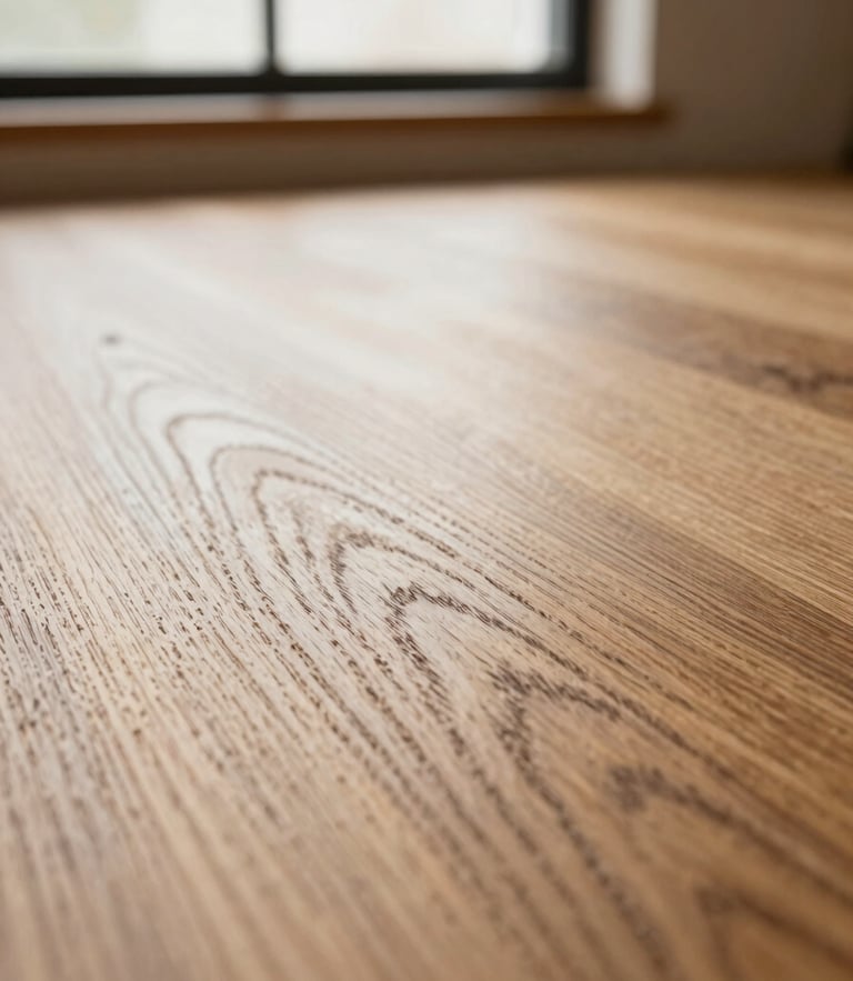 Macro close-up of wire-brushed slow-grown oak timber grain, low-angle natural window light with rich warm tones, shallow depth of field, architectural crop