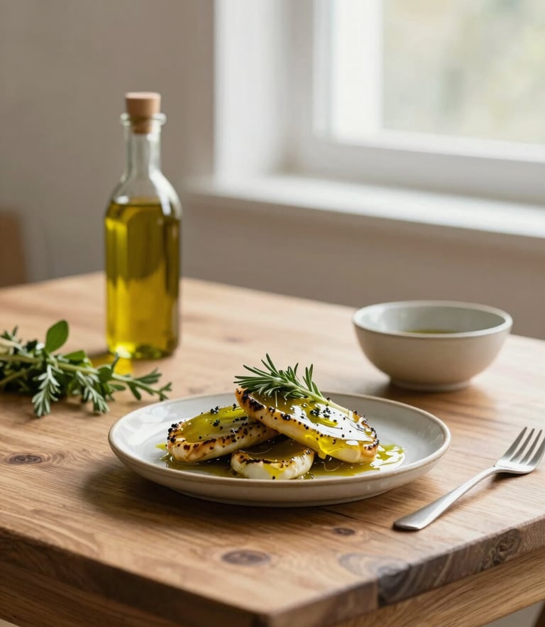 Bright editorial food photography, soft lateral window light, a rustic wooden table with fresh herbs, olive oil, and a ceramic bowl, 50mm lens, warm tones