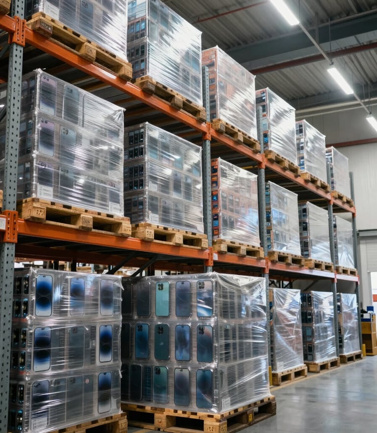 Wide environmental shot of a highly secure European electronics distribution warehouse, shrink-wrapped pallets of premium smartphones on high metal racks under cool bright commercial lighting