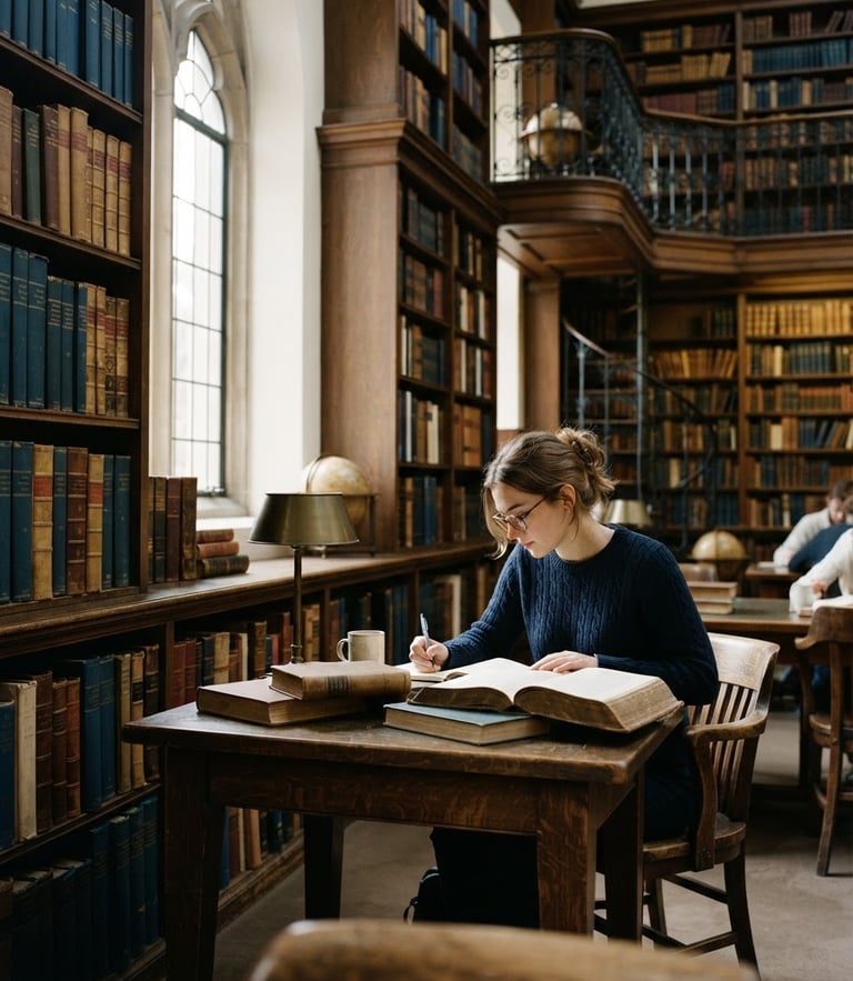Academic library interior with soft natural light, leather-bound books, deep blue and warm gold tones, editorial photography, 35mm