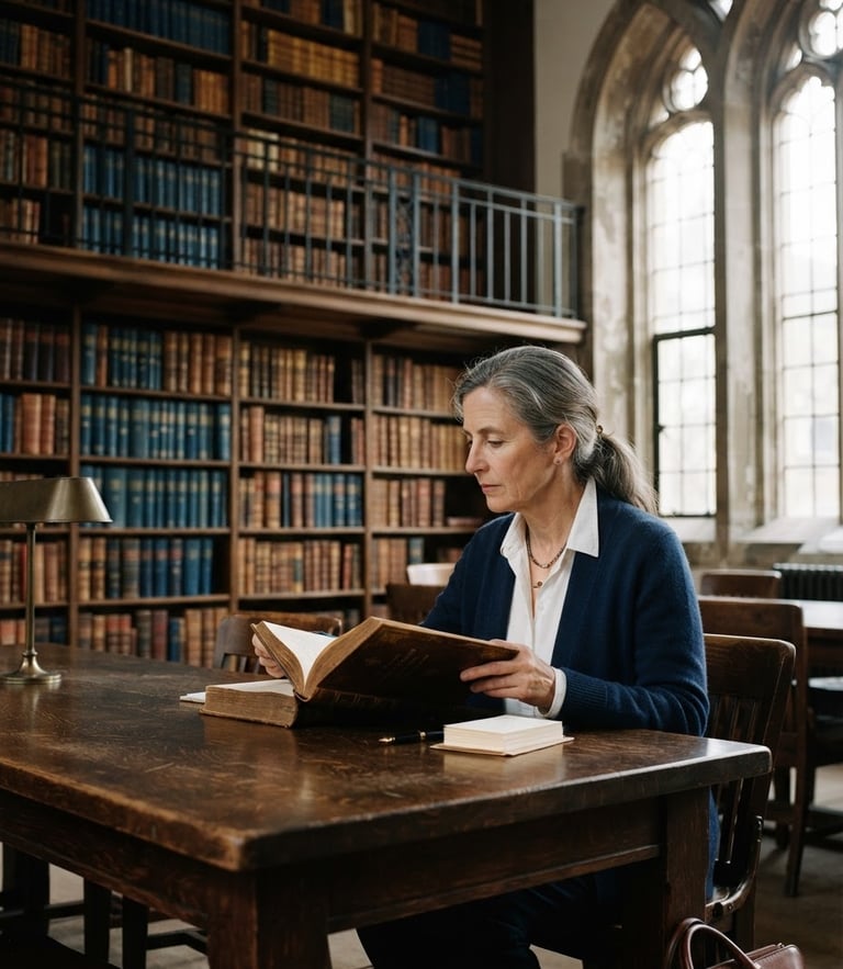 A quiet academic library with soft natural light filtering through tall windows, leather-bound books on dark wood shelves, elegant scholarly atmosphere, editorial academic photography, 35mm
