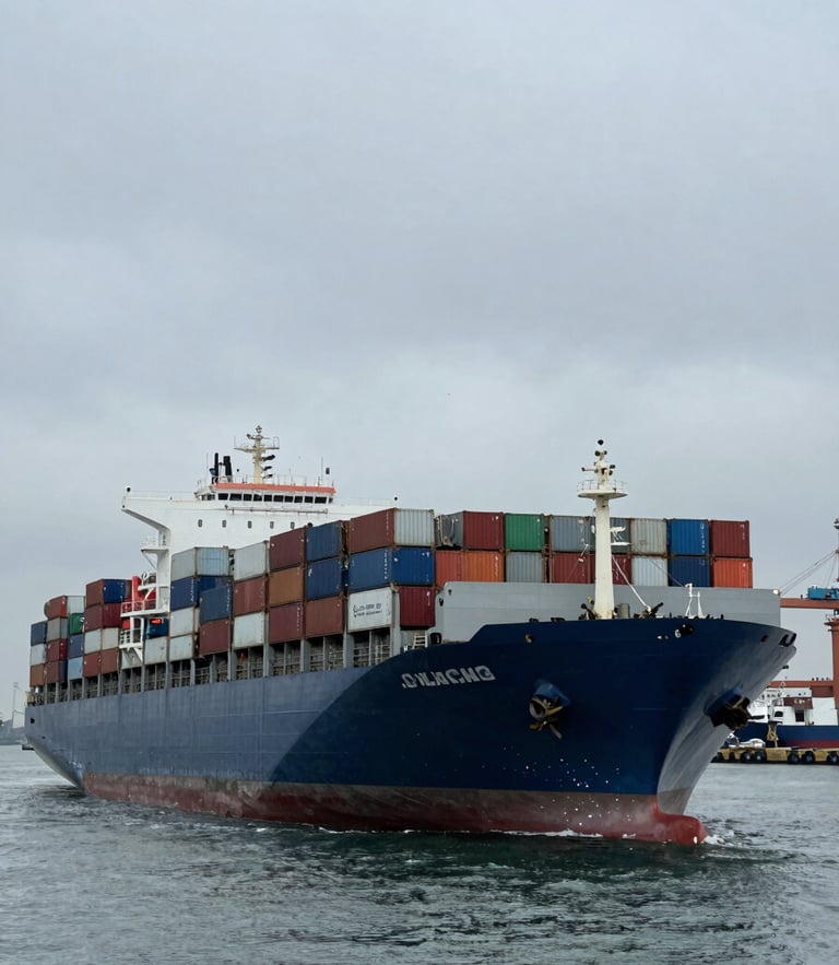 Wide environmental shot of a massive container ship loaded with cargo and vehicles leaving a busy industrial port, dramatic overcast daylight, desaturated steel and blue tones, 35mm