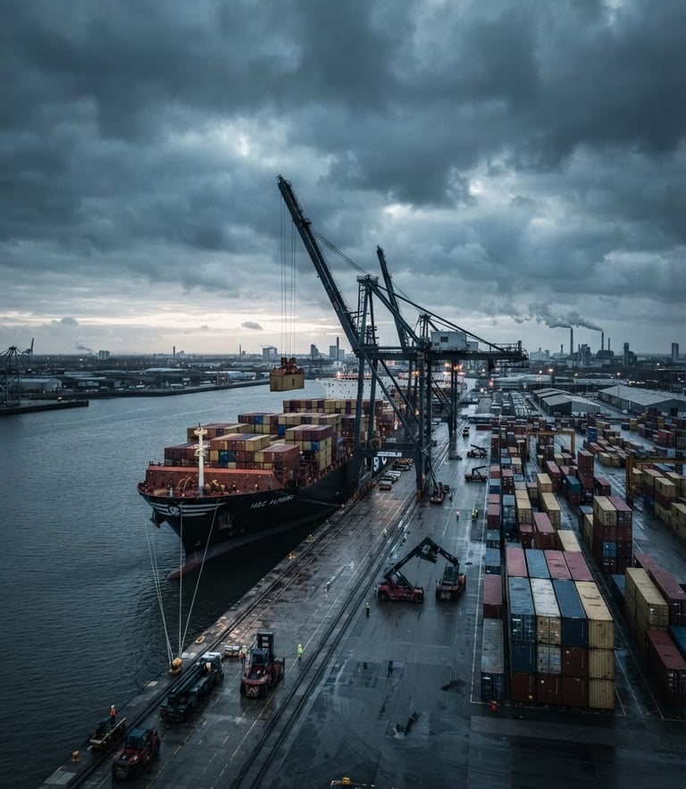 Industrial shipping port at dawn with massive gantry cranes loading steel containers onto a cargo ship, desaturated steel blue tones, dramatic overcast sky, wide-angle heroic framing
