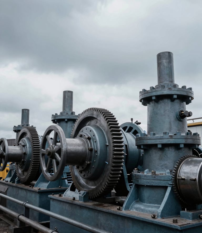 A close-up of heavy industrial machinery gears and hydraulic pistons under dramatic overcast daylight, desaturated steel tones, 35mm.