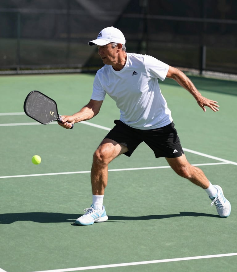 Action shot of a mature athlete in dynamic motion playing pickleball under bright Alberta sunlight, high contrast, vibrant green court, shallow depth of field, 35mm