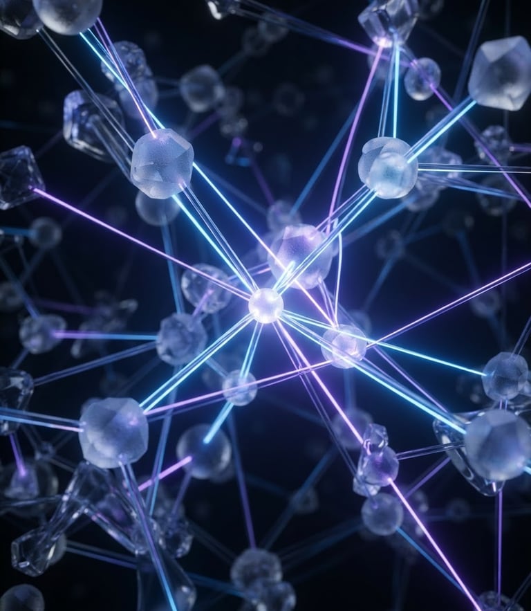 Macro close-up of a glassmorphic network topology, glowing neon blue and violet laser lines, dark ambient studio lighting, futuristic 3d render