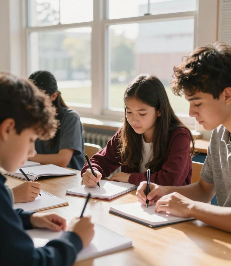 Bright natural daylight streaming through classroom windows, high school students collaborating on a project with notebooks, authentic educational setting, warm natural tones, 35mm lens