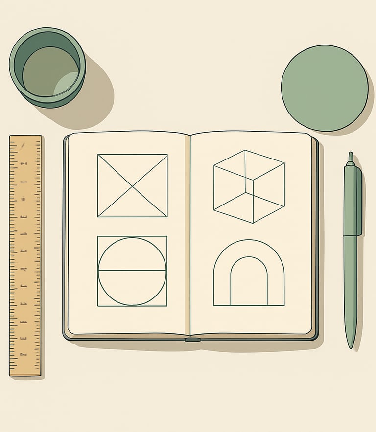 Overhead flatlay of clean workspace, open notebook with hand-drawn geometry sketches, wooden ruler, soft natural daylight, cream and sage tones