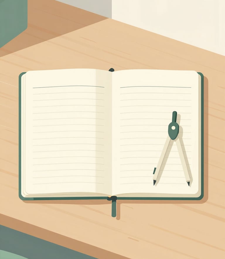Overhead flatlay of a clean wooden desk, an open notebook with structured diagrams, a compass, and soft daylight from the side.