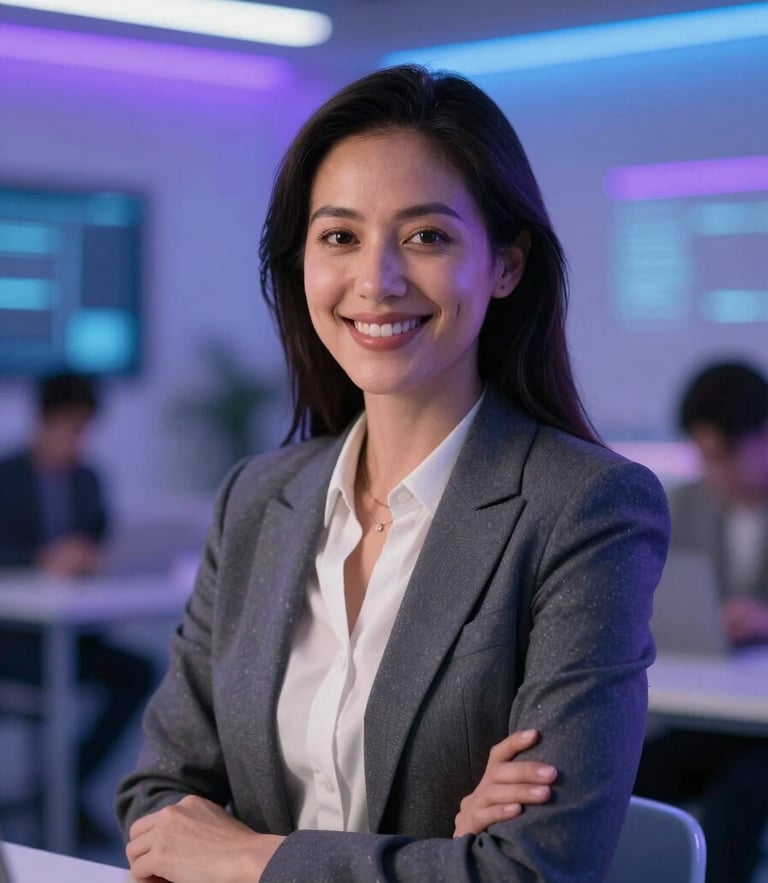 Medium shot of a professional woman smiling warmly in a modern educational space with soft blue and purple technological ambient light, professional editorial photography