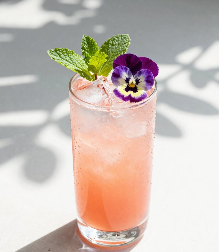Bright editorial photography of a vibrant pink cocktail garnished with edible pansies and fresh mint, soft sun-dappled daylight, shallow depth of field, 35mm