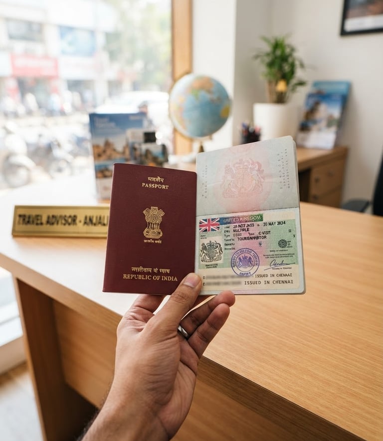 Vibrant editorial travel photography, close-up of a traveler's hand holding an Indian passport with an approved visa stamp over a clean wooden travel agency desk, bright natural daylight from a window, professional depth of field