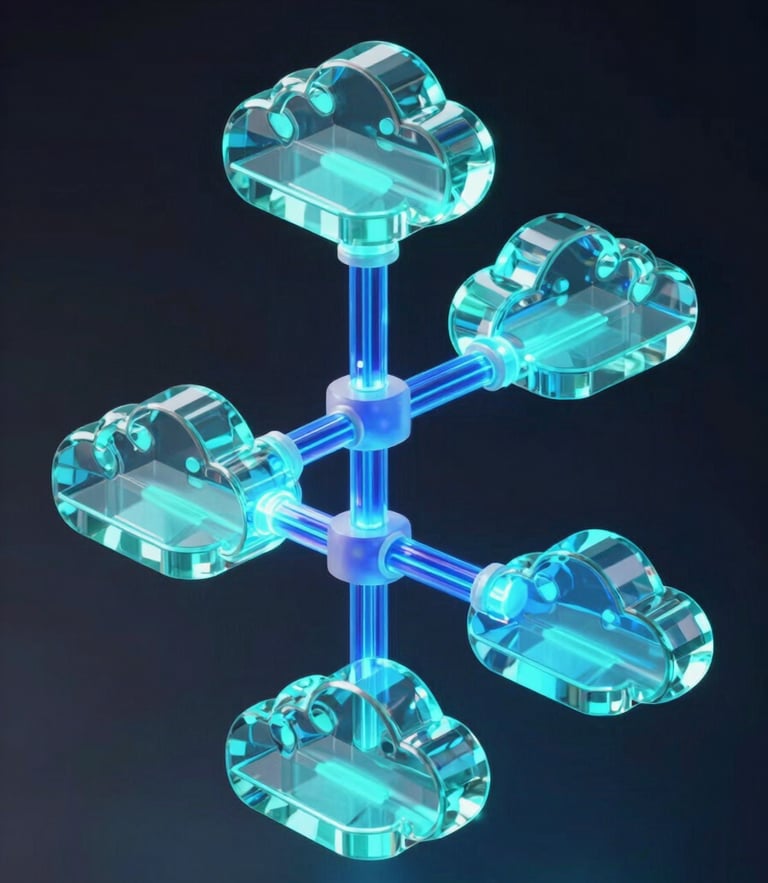 Isometric 3D render of glassmorphic cloud infrastructure nodes, glowing neon-cyan and electric-indigo data pipelines, dark obsidian background, high-contrast studio lighting.