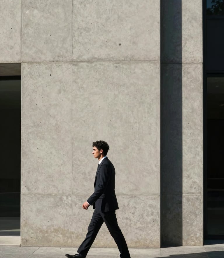 Cinematic vertical shot of harsh midday shadows cutting across a minimalist concrete facade in Madrid, a single figure in dark tailoring walking past, high contrast, natural light, elegant architectural geometry.