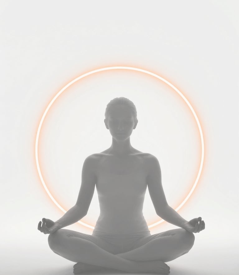 Symmetrical silhouette of a person in deep meditation, clean white backdrop, subtle glowing orange circular energy rings behind them, minimalist studio photography, crisp lighting, 50mm lens