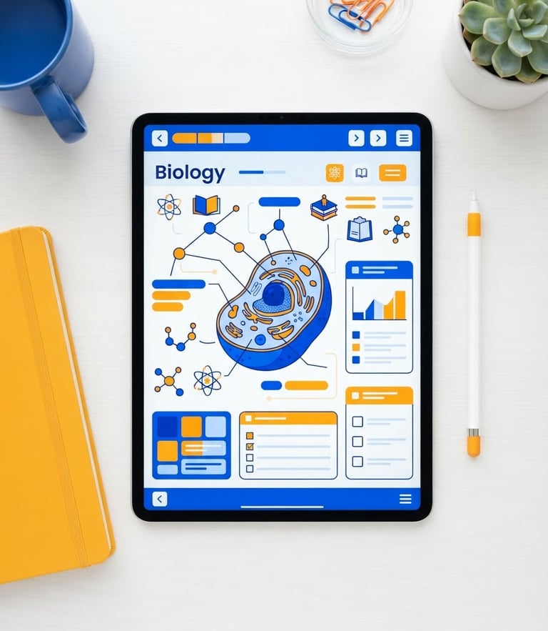 Vibrant digital mockup of an interactive study guide on a tablet screen, bright high-key studio lighting, cobalt and marigold accents, clean desk flat-lay.
