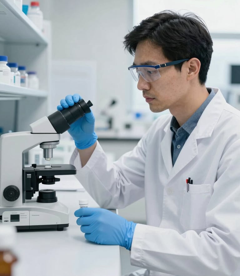 A clinical pharmacist in a white coat analyzing a pharmaceutical sample in a modern Lausanne laboratory, bright neutral daylight, crisp white and deep blue tones, sharp focus, 35mm lens