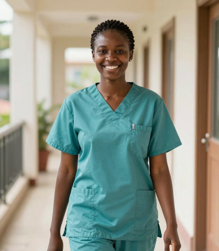 A professional Ghanaian nurse in clean teal scrubs smiling warmly in a bright, modern care home corridor, West African natural sunlight.