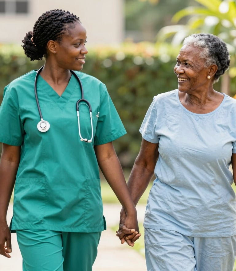 A professional Ghanaian nurse in clean green scrubs holding the hand of a smiling elderly grandmother in a sunlit garden, warm editorial photography, soft natural daylight.