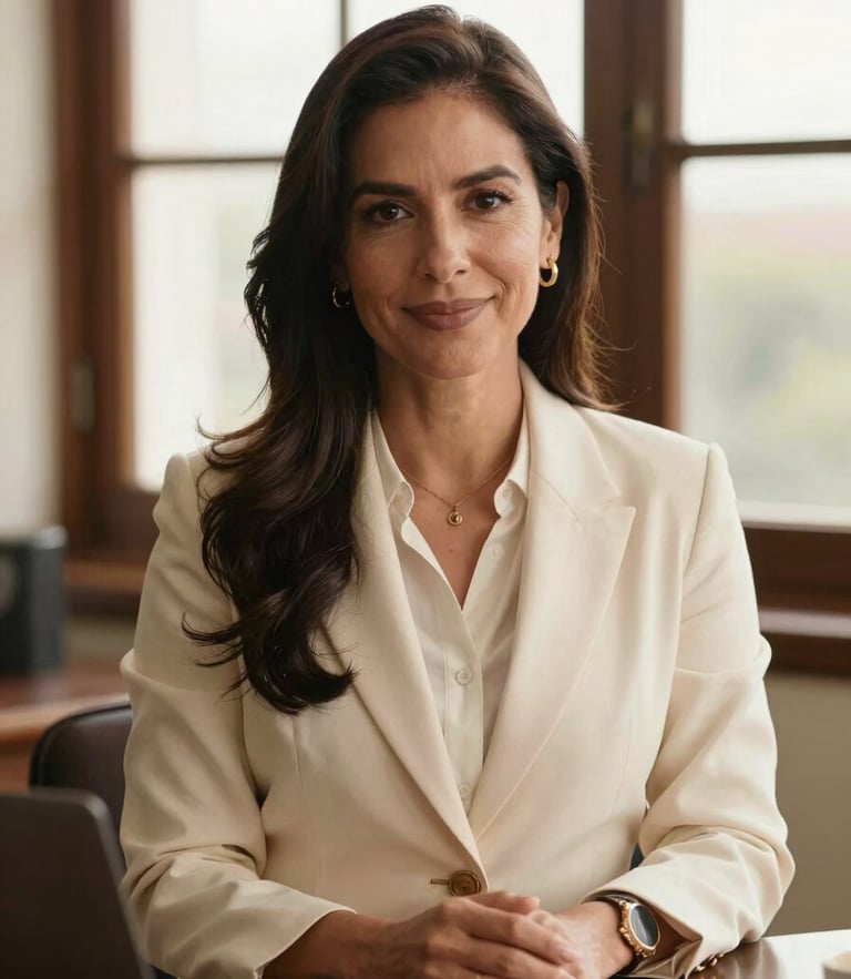 Medium-close editorial portrait of a professional consultant in an elegant Colombian office, warm window light, rich espresso and cream tones, shallow depth of field, 35mm