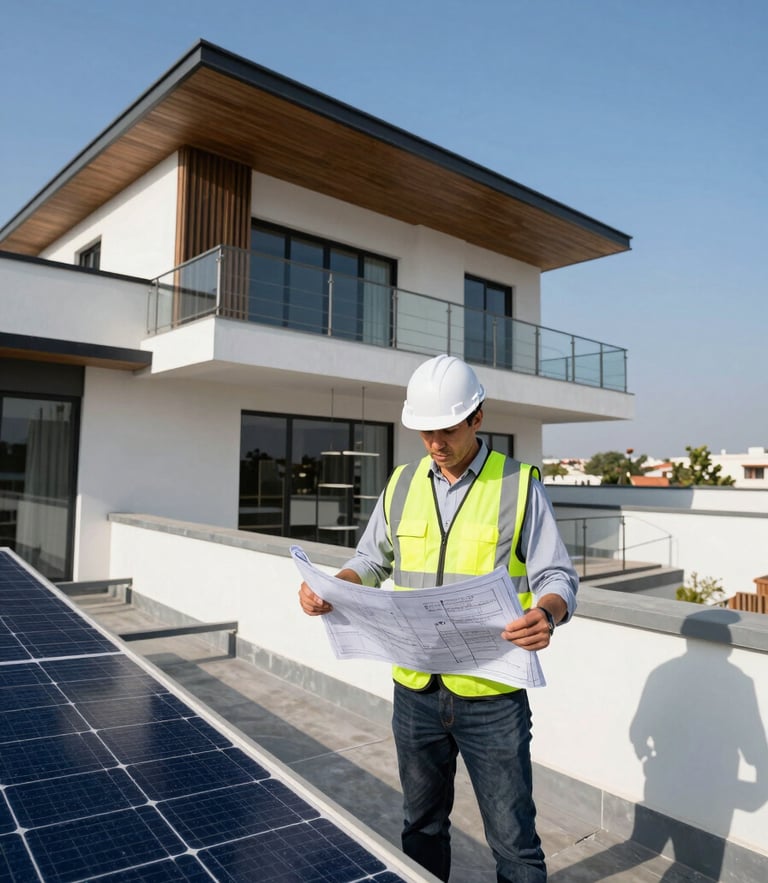 A professional solar engineer in a safety vest reviewing blueprints on a modern Islamabad villa rooftop, bright afternoon sunlight, high contrast