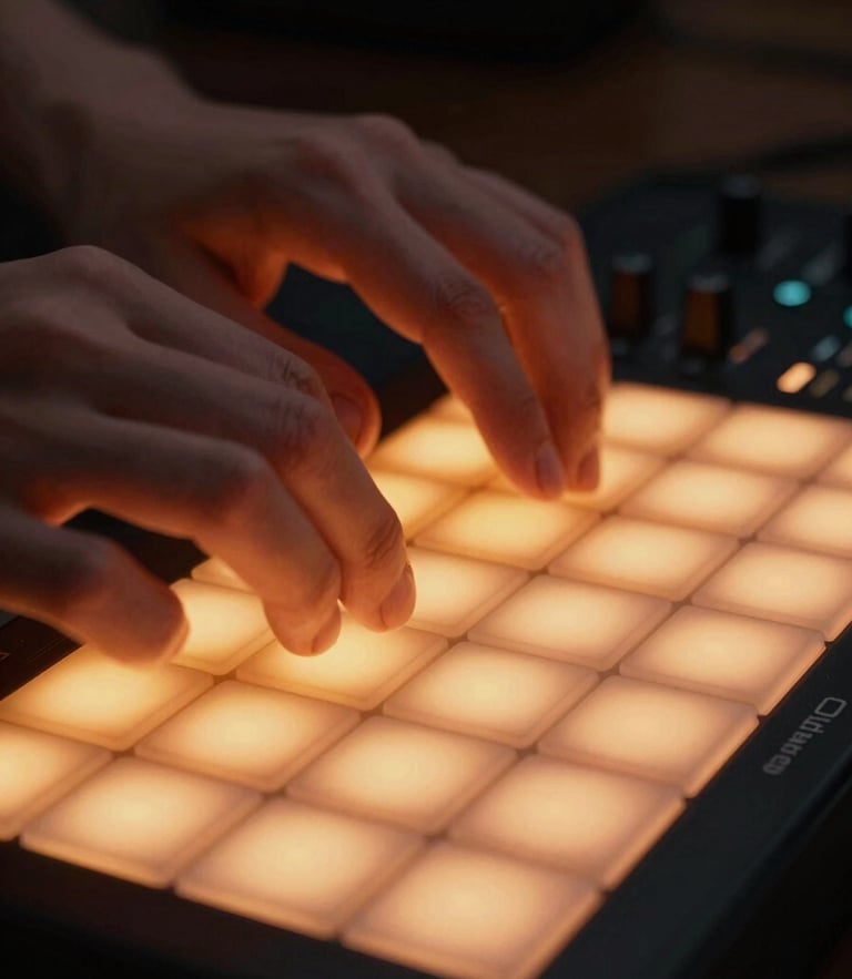 Extreme close-up of hands hitting MPC pads in a low-light home studio, glowing orange LED screen, moody lighting, high contrast.