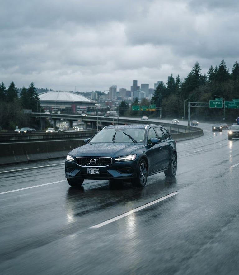 A clean modern car driving on a wet Tacoma highway during cool Pacific Northwest overcast daylight, sharp focus, 35mm lens