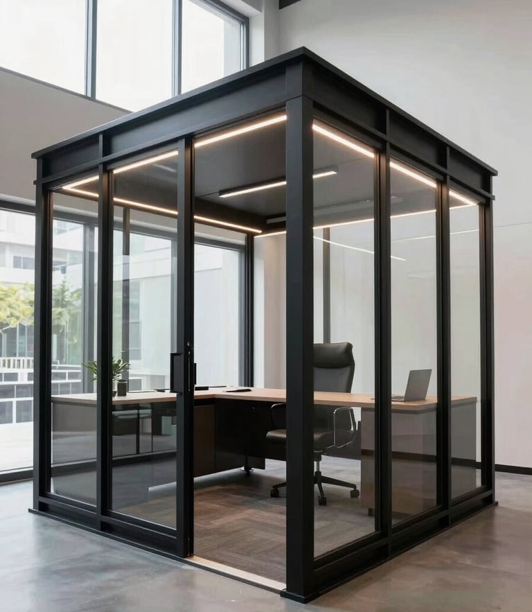 Symmetrical architectural wide angle of a premium private office cabin at Biznex Studios, featuring matte black steel frames, clean LED strip lighting, and sunlit windows.