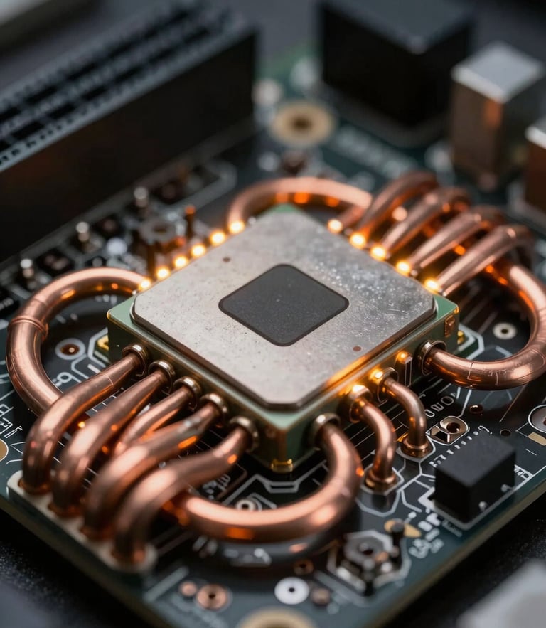 Macro close-up of an ASIC mining board, copper heat pipes reflecting low-key amber LED indicator lights, dark industrial aesthetic, high-contrast framing.